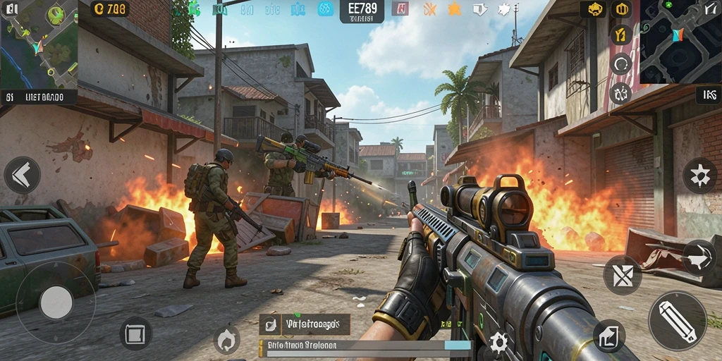 Tangkapan layar gameplay EE789 menampilkan aksi mendebarkan dalam pertempuran FPS.