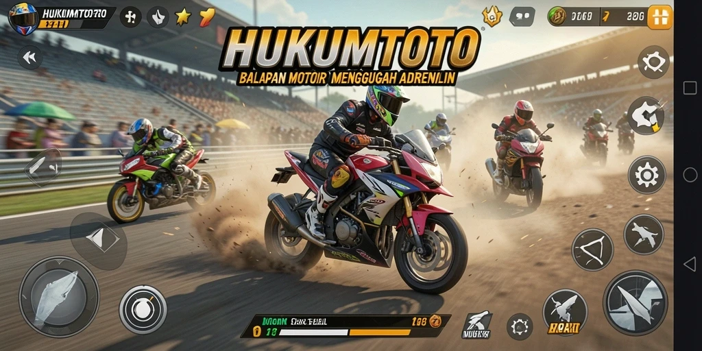 Screenshot menunjukkan aksi balapan motor penuh kecepatan dan ketegangan.
