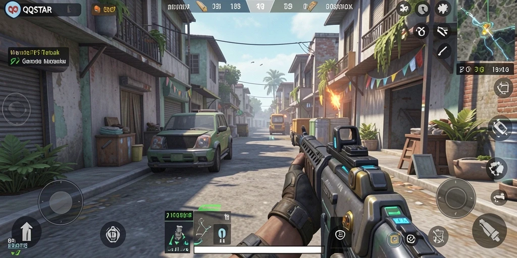 Screenshot gameplay QQSTAR menampilkan aksi seru dalam TPS.